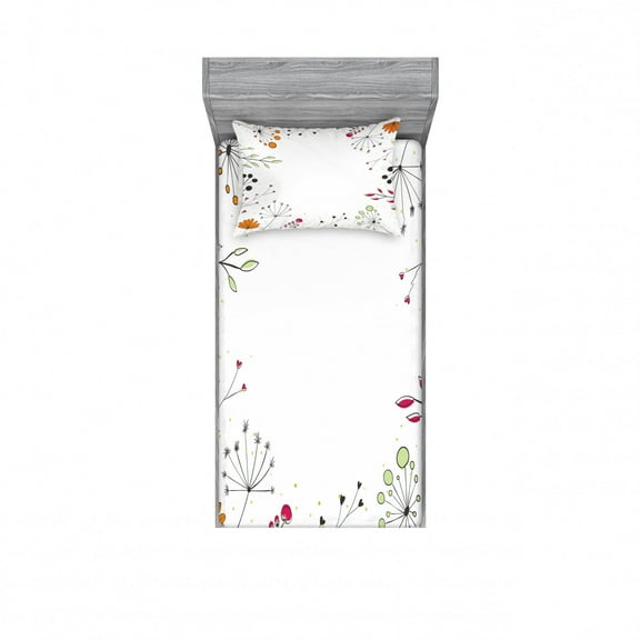 Ambesonne Modern Fitted Sheet & Pillow Sham Set, Geometric Flowers Floral, Twin, Pistachio Green Magenta