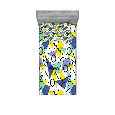 Ambesonne Modern Fitted Sheet & Pillow Sham Set, Geometric Retro Theme, Twinxl, Blue Yellow and Black
