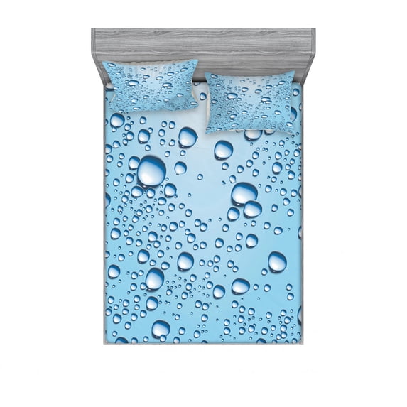 Ambesonne Modern Fitted Sheet & Pillow Sham Set, Glass with Water Marks, Queen, Pale Blue White