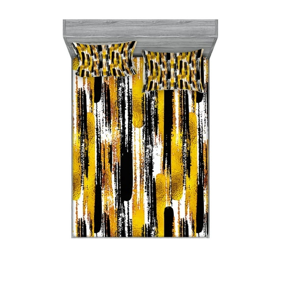 Ambesonne Modern Fitted Sheet & Pillow Sham Set, Grunge Art Brushstrokes, Calking, Earth Yellow Black