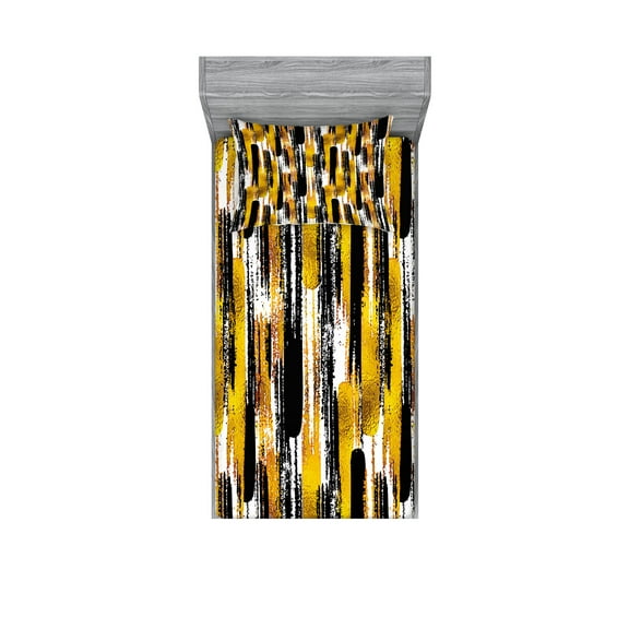Ambesonne Modern Fitted Sheet & Pillow Sham Set, Grunge Art Brushstrokes, Twin, Earth Yellow Black