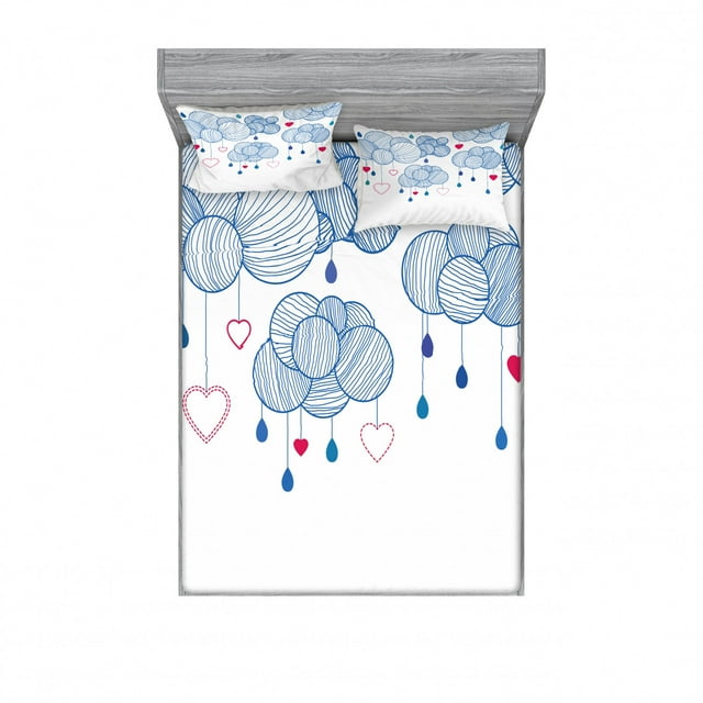 Ambesonne Modern Fitted Sheet & Pillow Sham Set, Hand Drawn Clouds, Full, Violet Blue Magenta