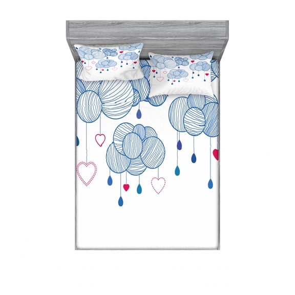 Ambesonne Modern Fitted Sheet & Pillow Sham Set, Hand Drawn Clouds, Queen, Violet Blue Magenta