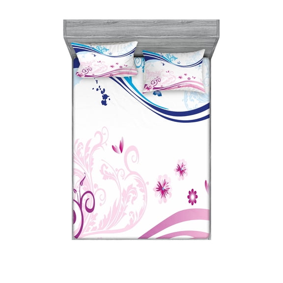 Ambesonne Modern Fitted Sheet & Pillow Sham Set, Ivy Flower Leaves Nature, Full, Dark Blue Lilac