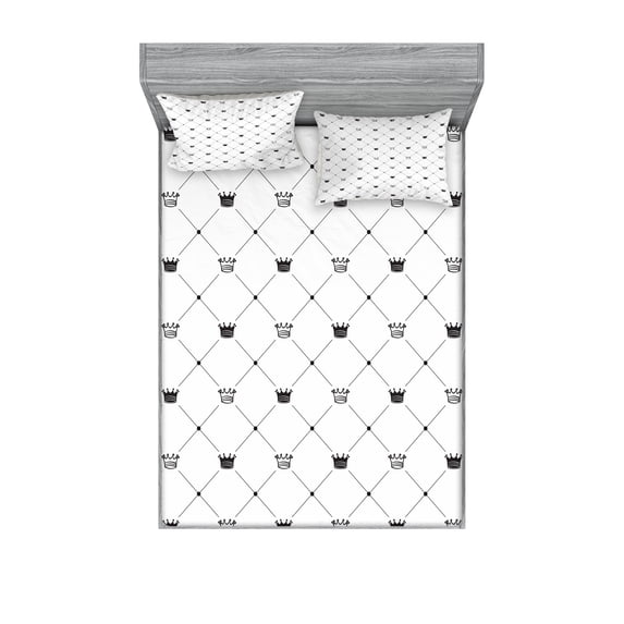 Ambesonne Modern Fitted Sheet & Pillow Sham Set, Kings Crown, Full, Black White
