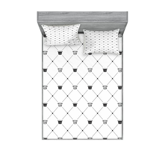 Ambesonne Modern Fitted Sheet & Pillow Sham Set, Kings Crown, Queen, Black White
