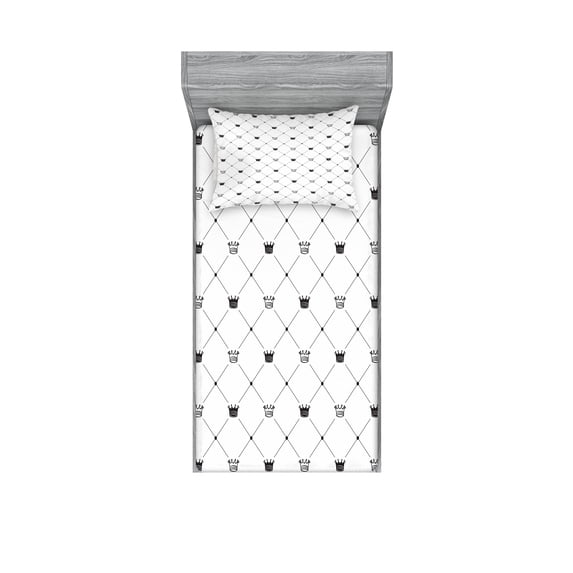 Ambesonne Modern Fitted Sheet & Pillow Sham Set, Kings Crown, Twinxl, Black White