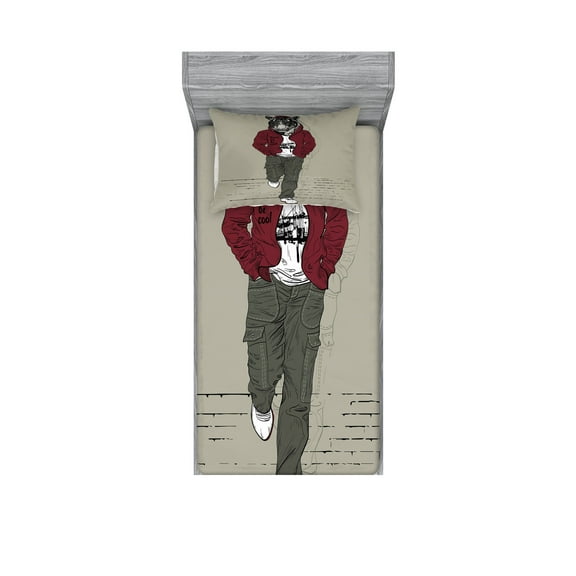 Ambesonne Modern Fitted Sheet & Pillow Sham Set, Lion Tiger Head Teenager, Twin, Ruby Sage Green Black