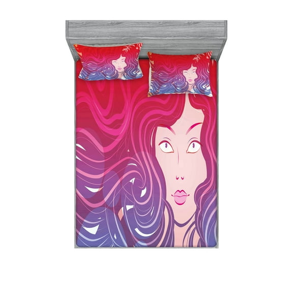 Ambesonne Modern Fitted Sheet & Pillow Sham Set, Little Mermaid Face Hair, Queen, Red Violet Cream