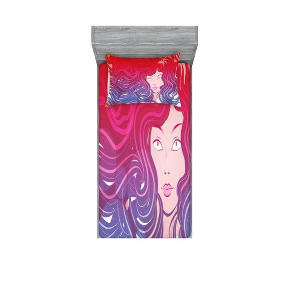 Ambesonne Modern Fitted Sheet & Pillow Sham Set, Little Mermaid Face Hair, Twin, Red Violet Cream