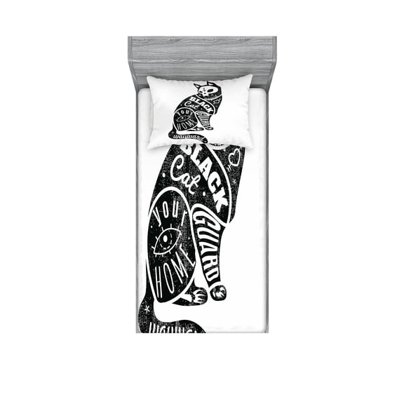 Ambesonne Modern Fitted Sheet & Pillow Sham Set, Magic Skull Cat Drawing, Twinxl, Black and White