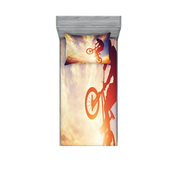 Ambesonne Modern Fitted Sheet & Pillow Sham Set, Man on Bike Sun, Twin, Multicolor