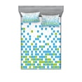 thumbnail image 1 of Ambesonne Modern Fitted Sheet & Pillow Sham Set, Mosaic Grid Pixel Art, Full, Lime Green Aqua White, 1 of 2