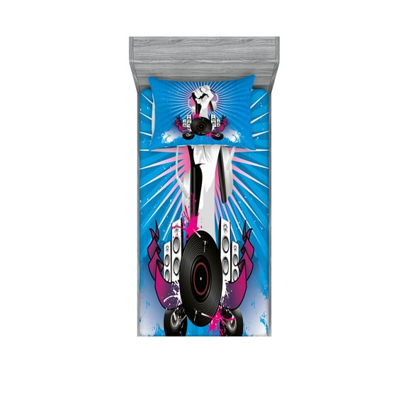 Ambesonne Modern Fitted Sheet & Pillow Sham Set, Music Elements Graffiti, Twinxl, Blue Fuchsia and Dust