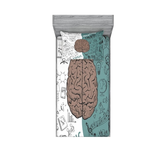 Ambesonne Modern Fitted Sheet & Pillow Sham Set, Music Logic Brain Art, Twinxl, White Teal Umber