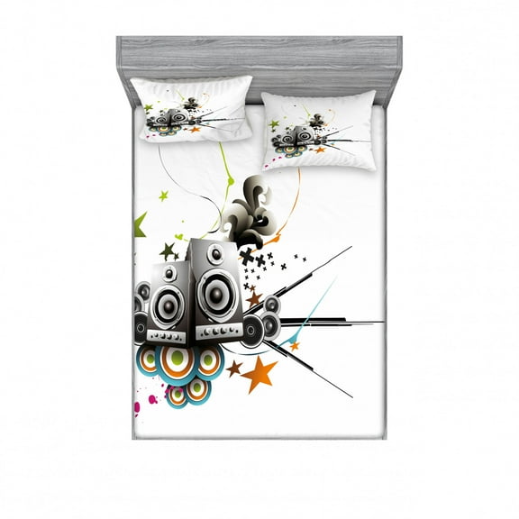 Ambesonne Modern Fitted Sheet & Pillow Sham Set, Music Set Headphones, Queen, Black Green and Orange