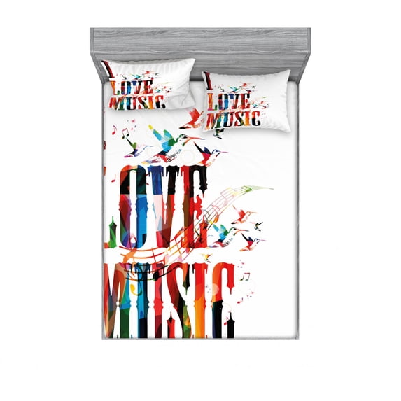 Ambesonne Modern Fitted Sheet & Pillow Sham Set, Music Theme Grungy, Full, Multicolor