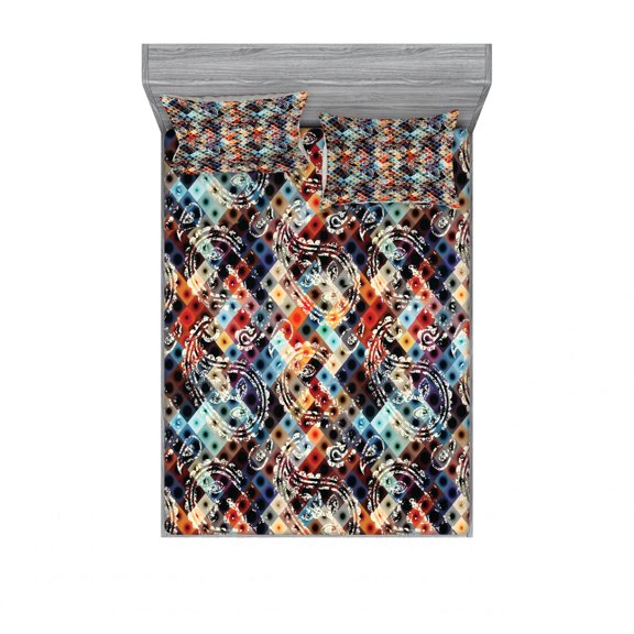 Ambesonne Modern Fitted Sheet & Pillow Sham Set, Paisley Spots, Full, Multicolor