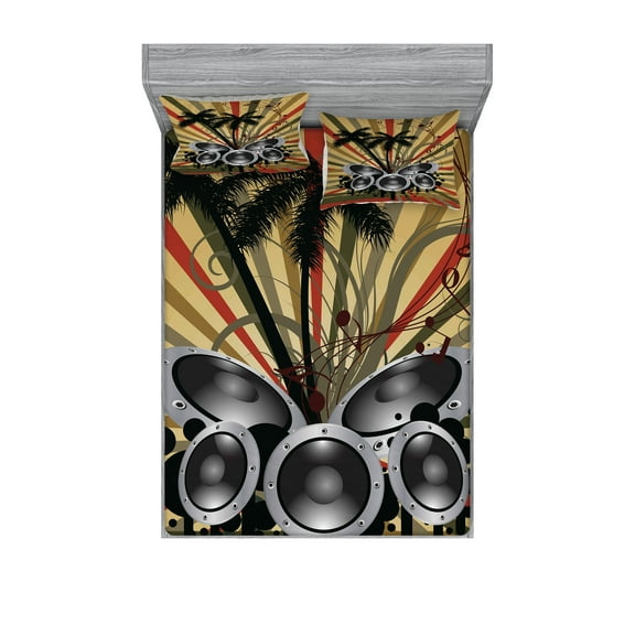 Ambesonne Modern Fitted Sheet & Pillow Sham Set, Palm Trees Music Party, Queen, Hunter Green Black