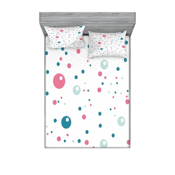 Ambesonne Modern Fitted Sheet & Pillow Sham Set, Pastel Color Polka Dots, Full, Blue Pink Grey