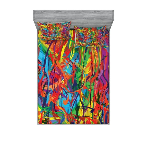 Ambesonne Modern Fitted Sheet & Pillow Sham Set, Rainbow Circled Pattern, Full, Multicolor