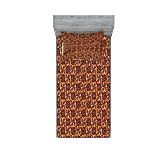 Ambesonne Modern Fitted Sheet & Pillow Sham Set, Retro Vintage Geometric, Twin, Dark Orange Burgundy