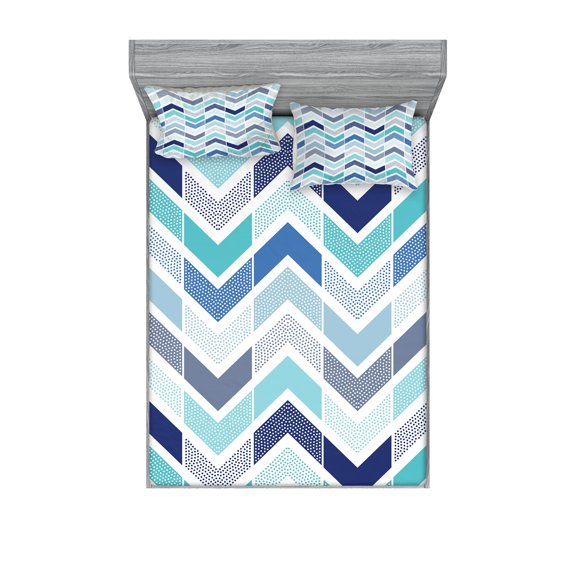 Ambesonne Modern Fitted Sheet & Pillow Sham Set, Seamless Doodle Style, Queen, Blue and White