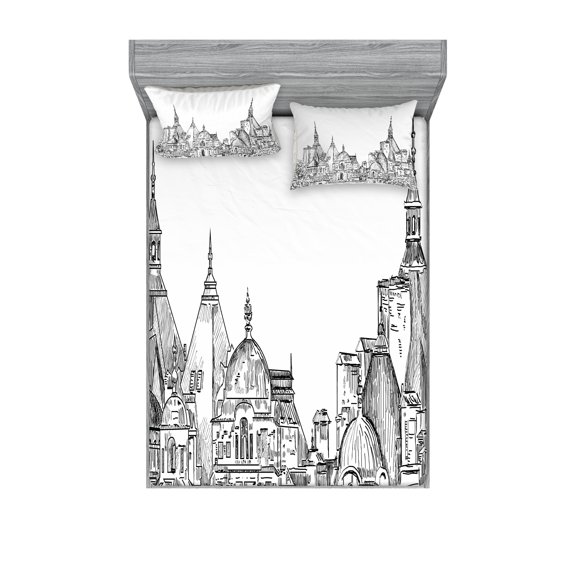 Ambesonne Modern Fitted Sheet & Pillow Sham Set, Sketchy Art Landmark, Full, Black and White