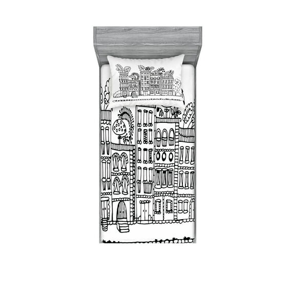 Ambesonne Modern Fitted Sheet & Pillow Sham Set, Sketchy Cartoon Drawing Art, Twin, White and Black