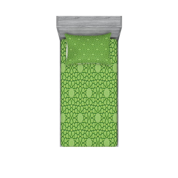 Ambesonne Modern Fitted Sheet & Pillow Sham Set, Stars Geometric Shapes, Twinxl, Lime Green