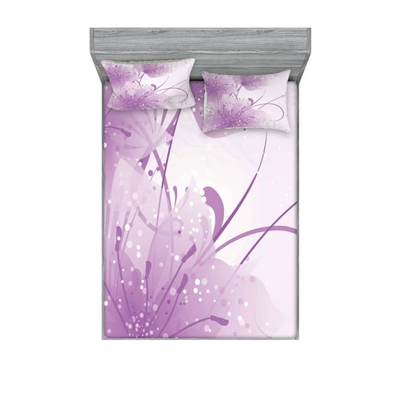 Ambesonne Modern Fitted Sheet & Pillow Sham Set, Swirling Ornaments Dots Art, Full, Pale Purple and White