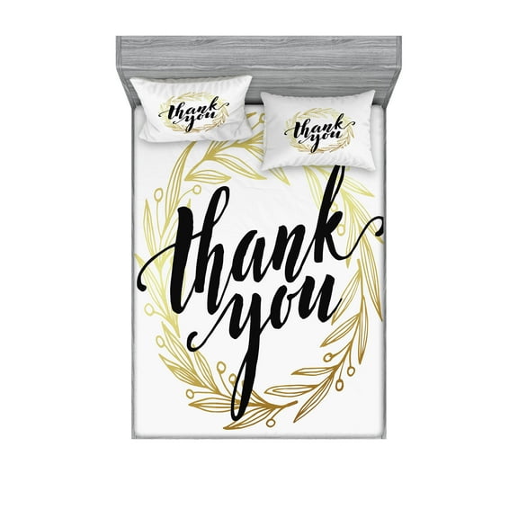 Ambesonne Modern Fitted Sheet & Pillow Sham Set, Thank You Words Leaves, Full, Yellow and Black