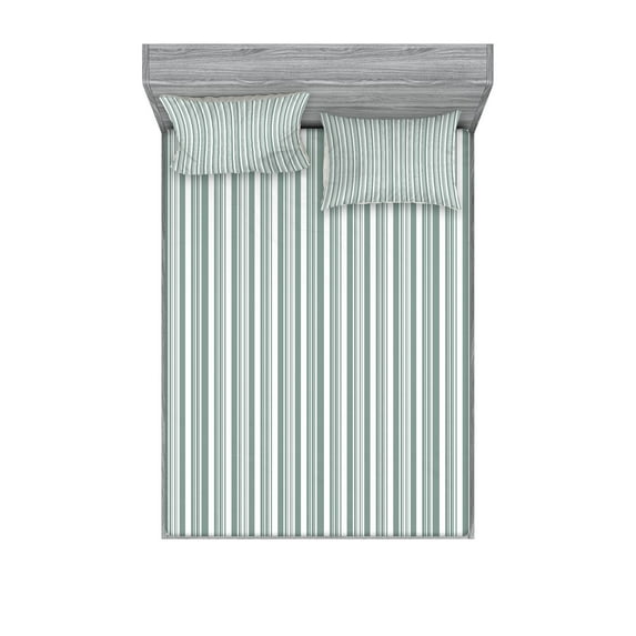 Ambesonne Modern Fitted Sheet & Pillow Sham Set, Thin and Bold Stipes, King, Pale Sage Green White