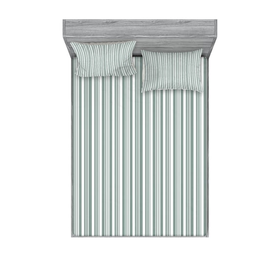Ambesonne Modern Fitted Sheet & Pillow Sham Set, Thin and Bold Stipes, Queen, Pale Sage Green White