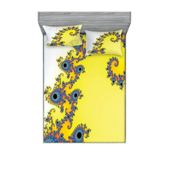 Ambesonne Modern Fitted Sheet & Pillow Sham Set, Trippy Seahorse Pattern, Queen, Earth Yellow Blue