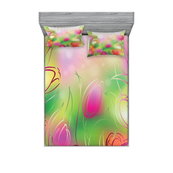 Ambesonne Modern Fitted Sheet & Pillow Sham Set, Tulips Urban Graphic, Queen, Pink Green