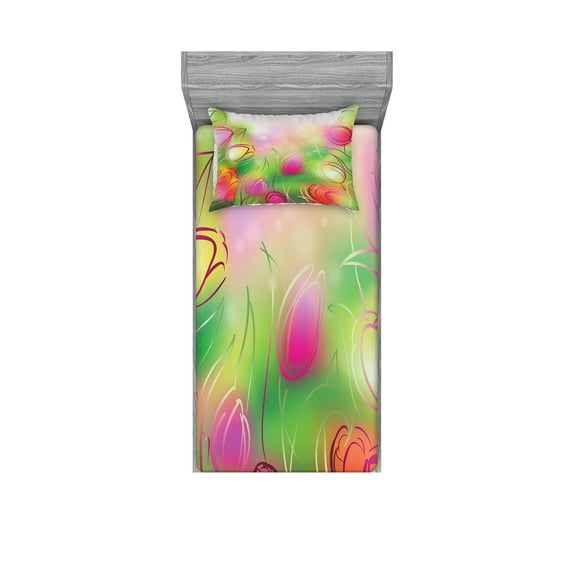 Ambesonne Modern Fitted Sheet & Pillow Sham Set, Tulips Urban Graphic, Twin, Pink Green