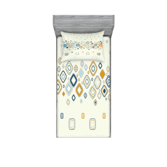 Ambesonne Modern Fitted Sheet & Pillow Sham Set, Vector Geometric Shapes, Twinxl, Cream Marigold Pale Blue