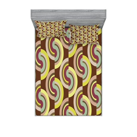 Ambesonne Modern Fitted Sheet & Pillow Sham Set, Vintage Colorful Rounds, Full, Lilac Purple and Cocoa