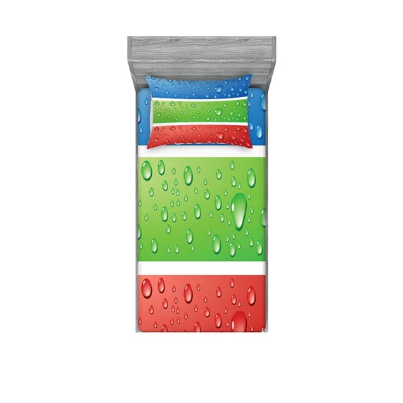Ambesonne Modern Fitted Sheet & Pillow Sham Set, Water Drops on a Plastic, Twinxl, Red Fern Green Blue