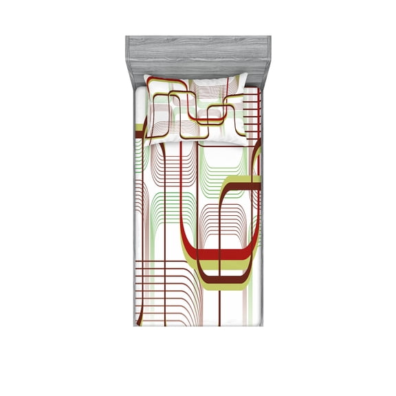 Ambesonne Modern Fitted Sheet & Pillow Sham Set, Wavy Abstract Shape Line, Twin, Khaki Burgundy White