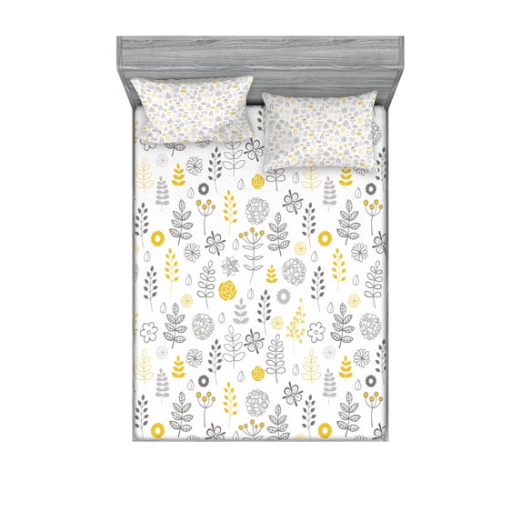 Ambesonne Modern Fitted Sheet & Pillow Sham Set, Wild Forest Leaf Flowers, Queen, Grey Mustard White