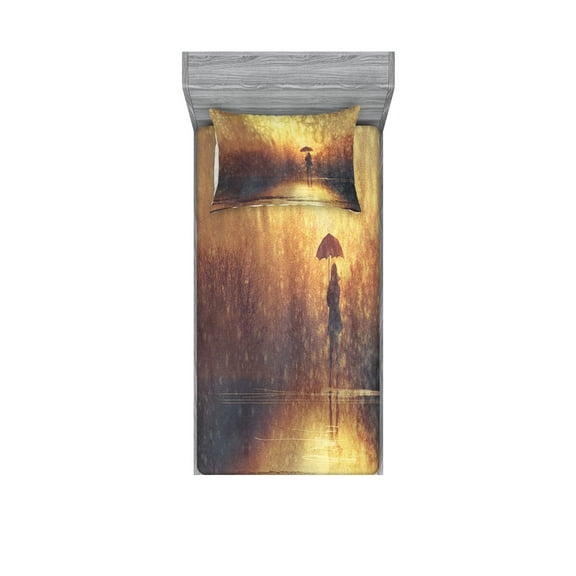 Ambesonne Modern Fitted Sheet & Pillow Sham Set, Woman Under the Rain, Twin, Pale Caramel Yellow