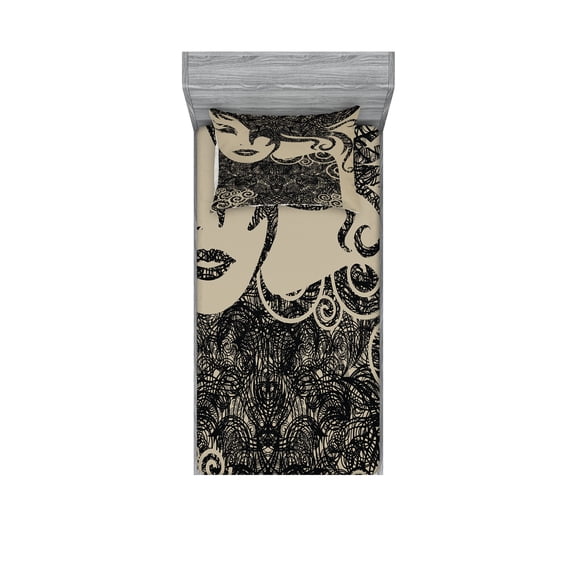 Ambesonne Modern Fitted Sheet & Pillow Sham Set, Woman with Cool Posing, Twinxl, Dark Taupe and Tan