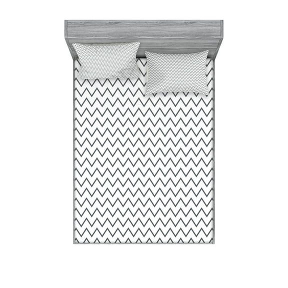 Ambesonne Modern Fitted Sheet & Pillow Sham Set, Zig Zag Chevron Waves, Full, Grey White