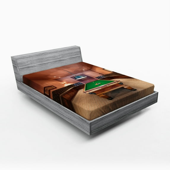 Ambesonne Modern Fitted Sheet, Pool Table Billiard, Queen Size, Cinnamon Brown Green