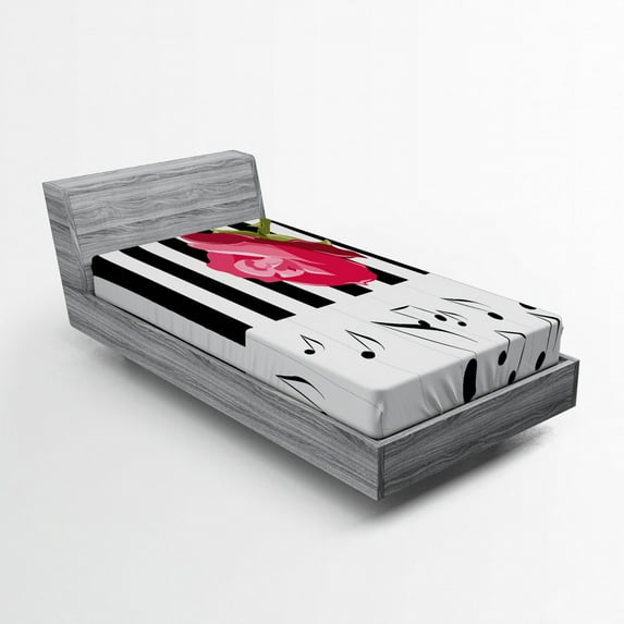 Ambesonne Modern Fitted Sheet, Red Rose on the Piano, Twin XL Size, Pink Black White