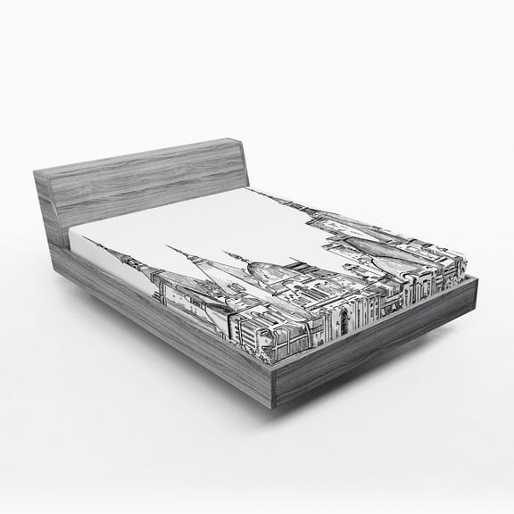 Ambesonne Modern Fitted Sheet, Sketchy Art Landmark, Full Size, Black and White