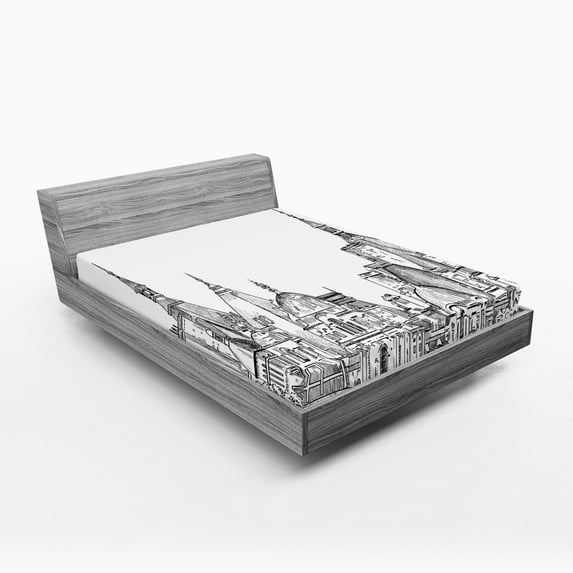 Ambesonne Modern Fitted Sheet, Sketchy Art Landmark, Queen Size, Black and White