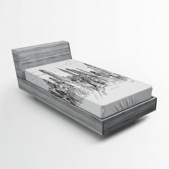 Ambesonne Modern Fitted Sheet, Sketchy NYC Cityscape, Twin Size, Grey White